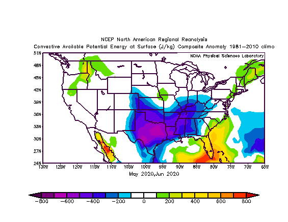 Figure 4: Map showing the difference in atmospheric instability in May and June 2020 compared to the 1981-2010 average.