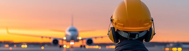 Person with hardhat looking at airplane and sunset.